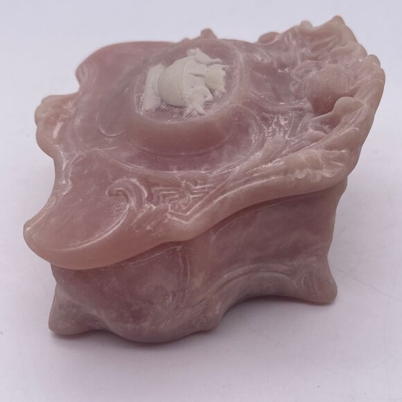 Vintage Genuine INCOLAY STONE Jewelry Trinket Box Pink Birds Bath 4.5" A9 - Picture 6 of 13